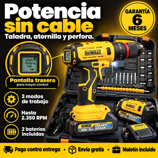 Taladro inalámbrico 128 V · 3 modos, 2 baterías, cargador y maletín con accesorios