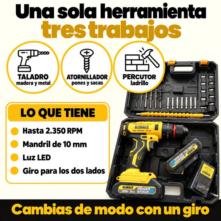 Taladro inalámbrico 128 V · 3 modos, 2 baterías, cargador y maletín con accesorios