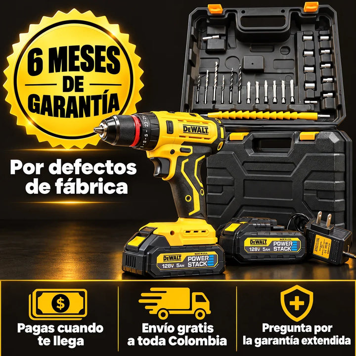 Taladro inalámbrico 128 V · 3 modos, 2 baterías, cargador y maletín con accesorios