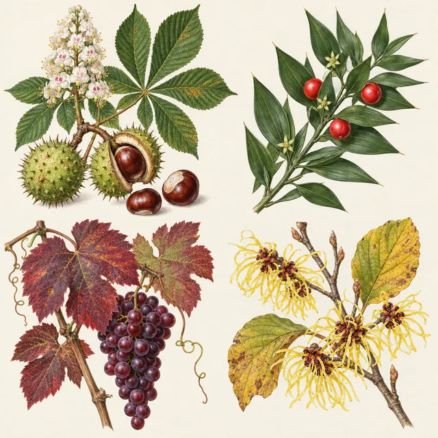 Castaño de Indias, rusco, vid roja y hamamelis
