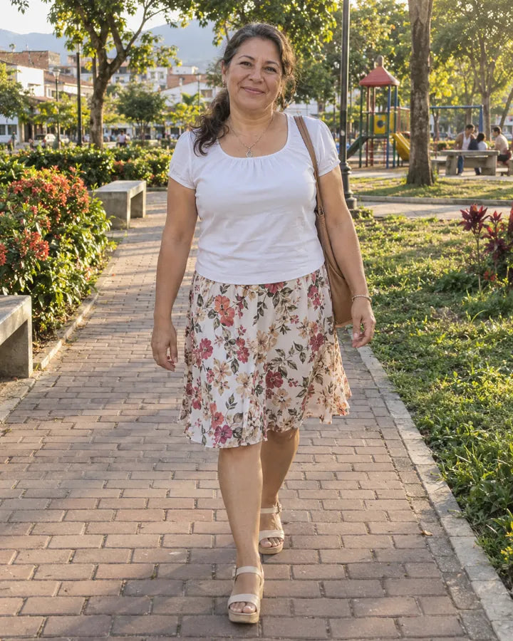 Mujer caminando en falda con las piernas livianas