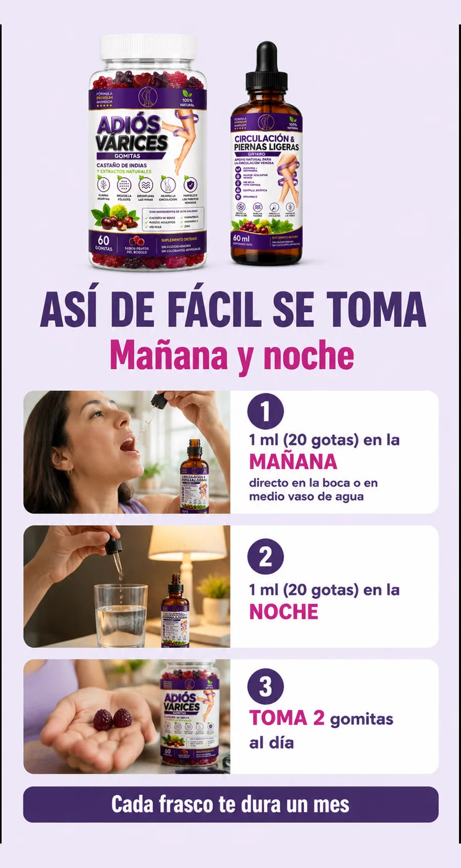 Así de fácil se toma: 1 ml (20 gotas) en la mañana y en la noche, y 2 gomitas al día