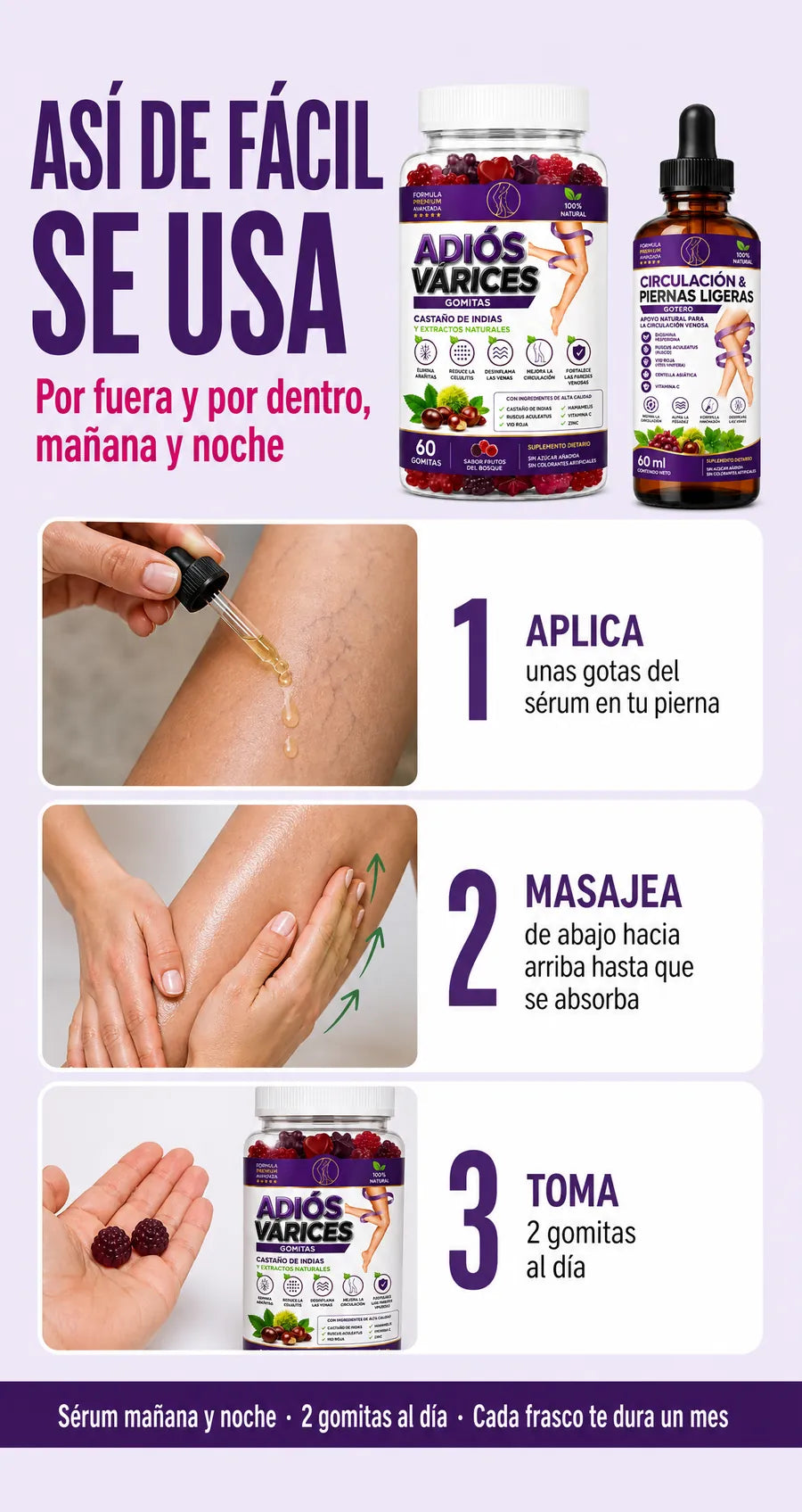 Así se usa: sérum en la pierna con masaje y 2 gomitas al día